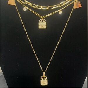 NWOT Gold H Purse Layered Necklace With Lock Pendants And Matching Gold Bracelet